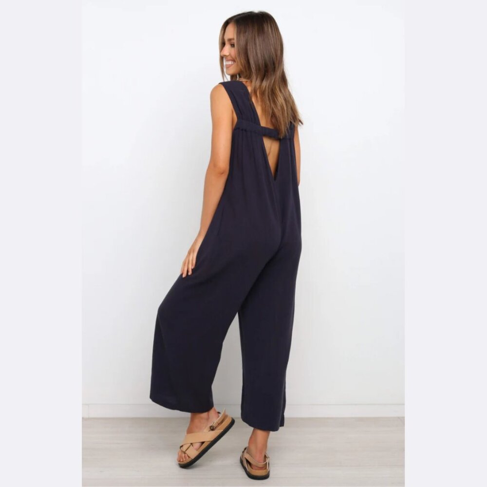 Petal & Pup Yardlee Modern Minimalist Navy Linen Blend Wide Leg Jumpsuit Size